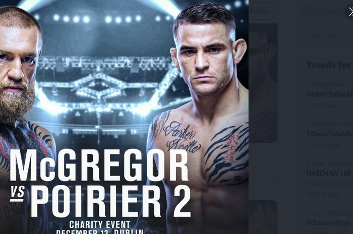 Poster pertandingan amal antara Conor McGregor dan Dustin Poirier di Dublin, Republik Irlandia, pada 12 Desember 2020.