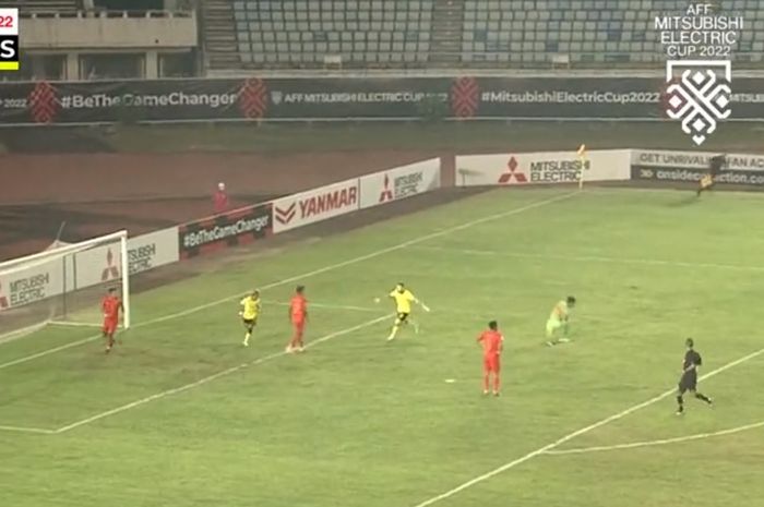 Pemain Malaysia, Faisal Halim selebrasi setelah mencetak gol ke gawang Myanmar, di Stadion Thuwunna Stadium, Yangon, Myanmar, Rabu (21/12/2022).