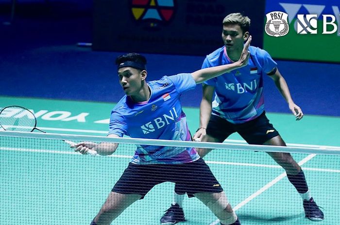 Pasangan ganda putra Indonesia, Muhammad Shohibul Fikri/Bagas Maulana, pada babak pertama French Open 2024 di Adidas Arena, Rabu (6/3/2024).