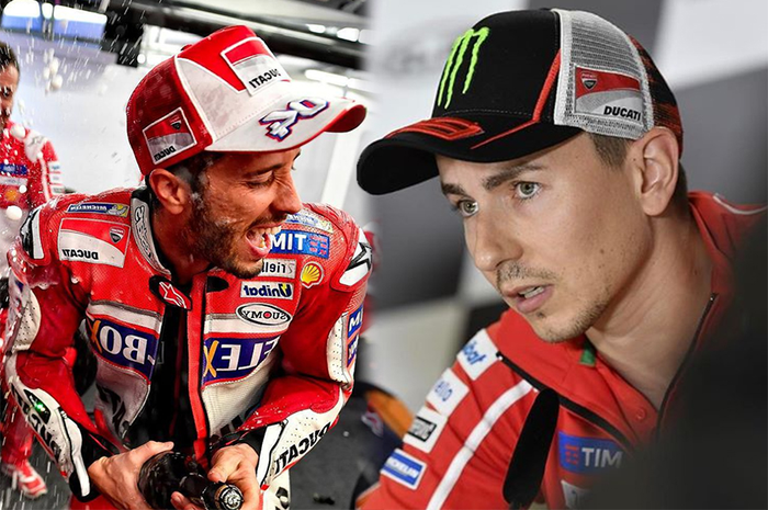 Dua pembalap MotoGP tim Ducati, Andrea Dovizioso (kiri) dan Jorge Lorenzo.