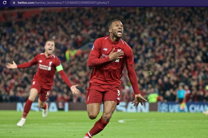 Geoginio Wijnaldum melakukan selebrasi usai mencetak gol untuk Liverpool pada semifinal Liga Champions 2018-2019 melawan Barcelona