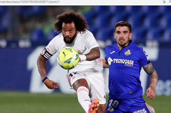 Bek Real Madrid, Marcelo, beraksi dalam laga pekan ke-33 Liga Spanyol 2020-2021 melawan Getafe, Minggu (18/4/2021).