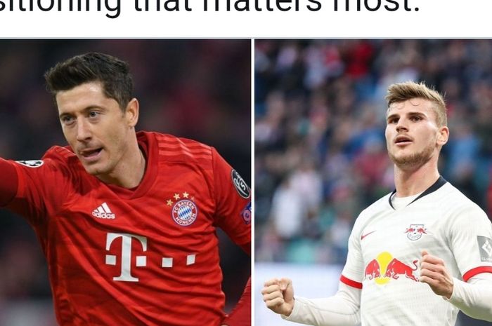 Illustrasi antara penyerang Bayern Muenchen, Robert Lewandowski dan bomber RB Leipzig, Timo Werner.