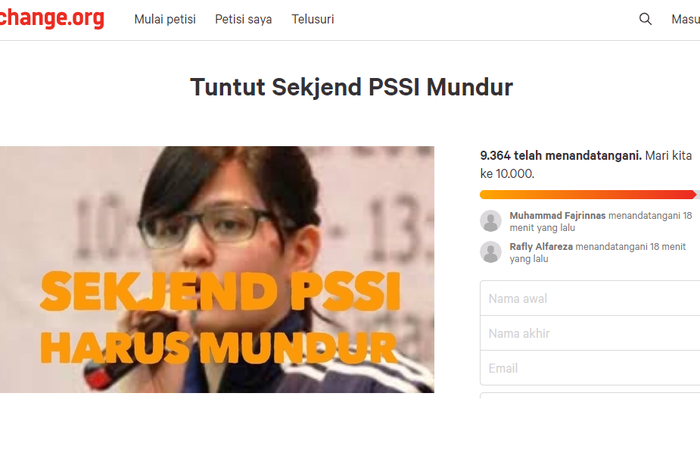 Petisi yang terdapat di situs change.org yang menuntut Sekjen PSSI, Ratu Tisha, mundur dari jabatannya pasca pertandingan final Piala Indonesia ditunda.