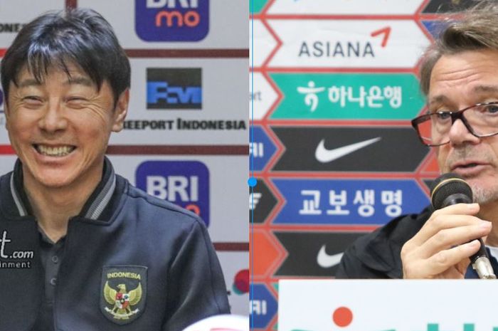 Pelatih Timnas Indonesia, Shin Tae-yong (kiri) dan pelatih timnas Vietnam, Philippe Troussier (kanan).