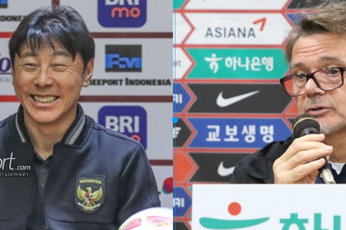 Pelatih Timnas Indonesia, Shin Tae-yong (kiri) dan pelatih timnas Vietnam, Philippe Troussier (kanan).