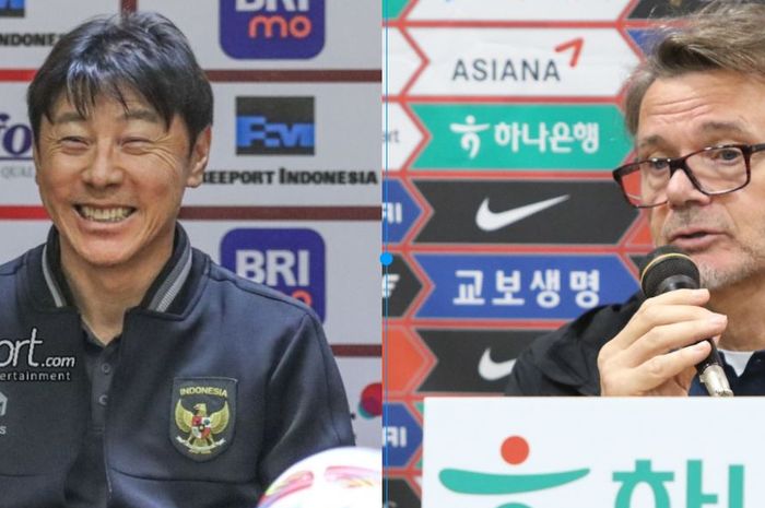 Pelatih Timnas Indonesia, Shin Tae-yong (kiri) dan pelatih timnas Vietnam, Philippe Troussier (kanan).