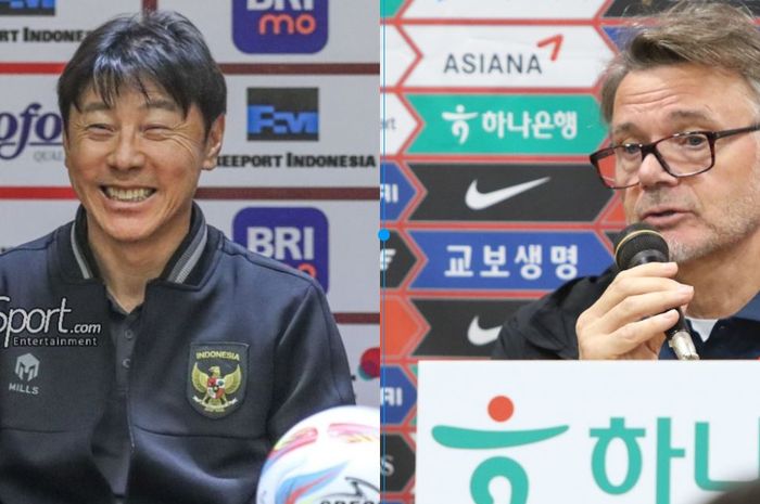 Pelatih Timnas Indonesia, Shin Tae-yong (kiri) dan pelatih timnas Vietnam, Philippe Troussier (kanan).