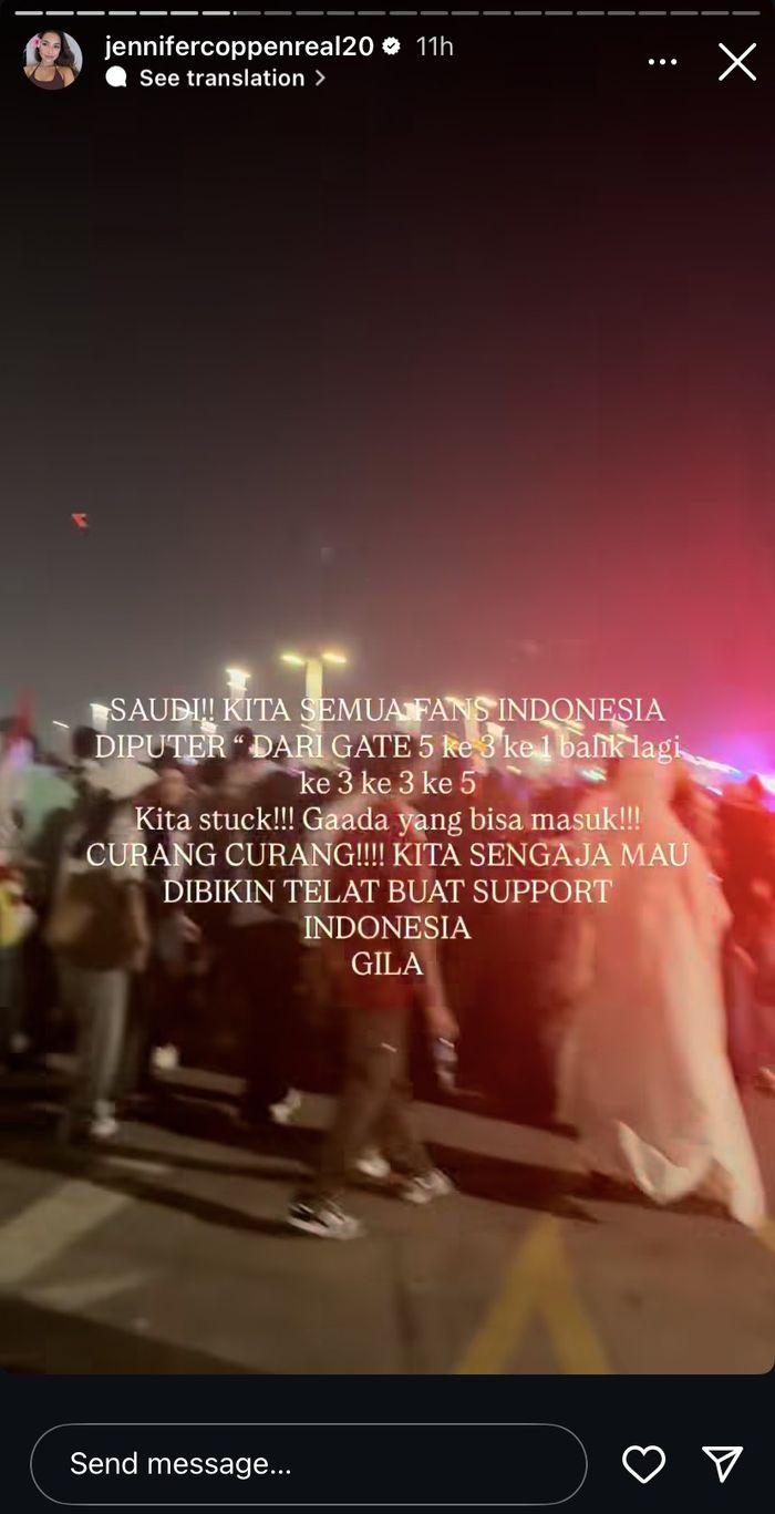 Curhatan Jennifer Coppen saat menyaksikan pertandingan Indonesia vs Arab Saudi di Stadion King Abdullah Sport City, Jeddah pada Rabu (8/10/2025).