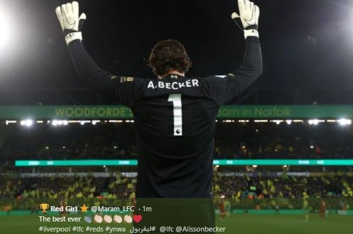 Alisson Becker pada laga Liverpool Vs Norwich di Carrow Road, pada laga pekan ke-26 Liga Inggris, Sabtu (15/2/2020).