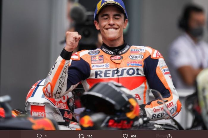 Pembalap Repsol Honda, Marc Marquez, ketika merayakan kemenangan MotoGP Jerman di Sachsenring, Minggu (20/6/2021).