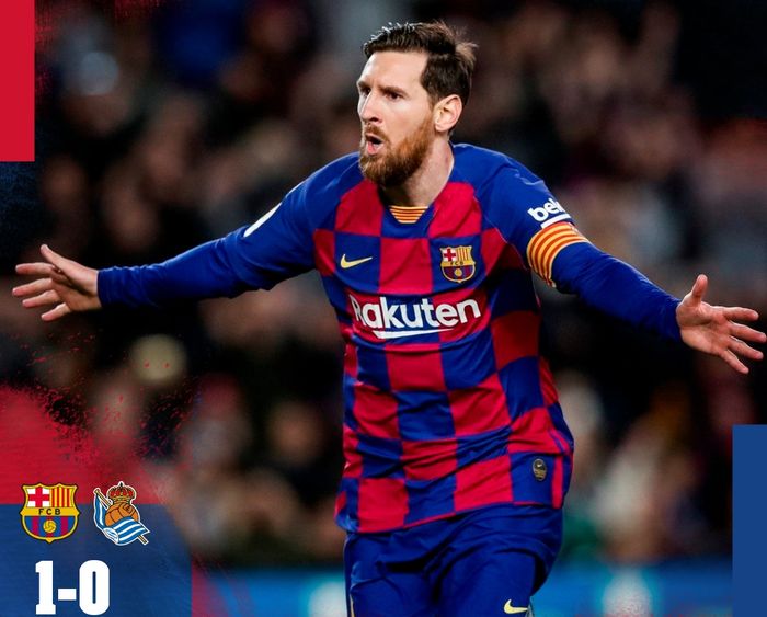 Selebrasi megabintang Barcelona, Lionel Messi, dalam laga Liga Spanyol kontra Real Sociedad di Camp Nou, Sabtu (7/3/2020).