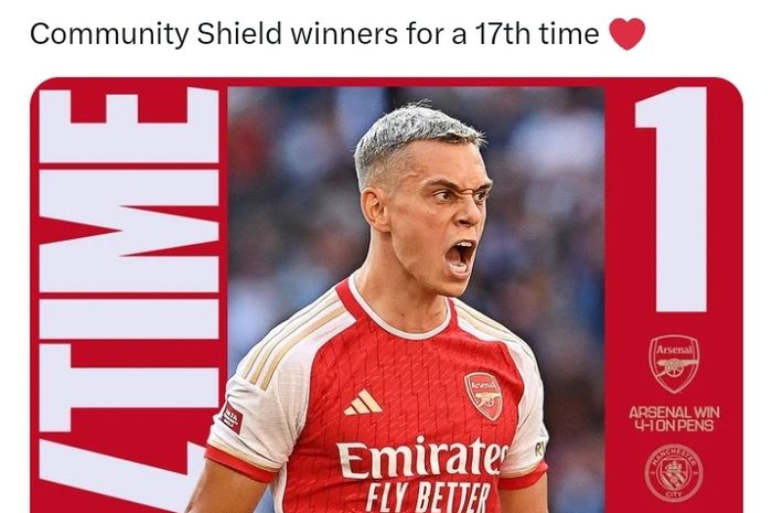 Winger Arsenal, Leandro Trossard, menciptakan drama gol telat untuk membawa timnya memukul Manchester City pada laga Community Shield di Stadion Wembley, Minggu (6/8/2023).