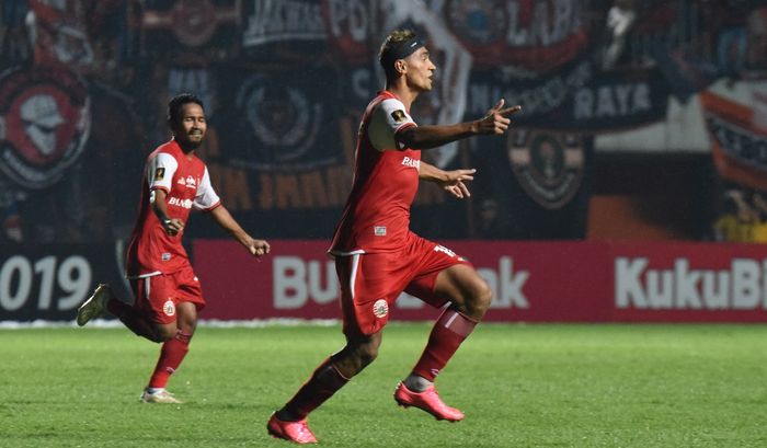 Selebrasi Bruno Matos pada laga Persija Jakarta kontra PSS Sleman di Stadion Maguwoharjo, Sleman, Jumat (15/3/2019).