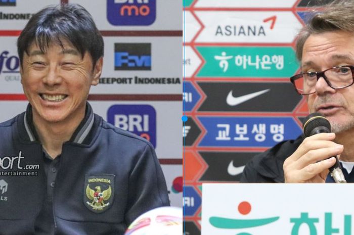 Pelatih Timnas Indonesia, Shin Tae-yong (kiri) dan pelatih timnas Vietnam, Philippe Troussier (kanan).