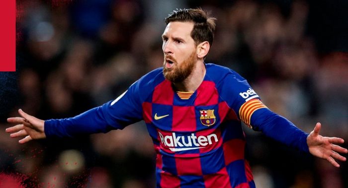 Selebrasi megabintang Barcelona, Lionel Messi, dalam laga Liga Spanyol kontra Real Sociedad di Camp Nou, Sabtu (7/3/2020).