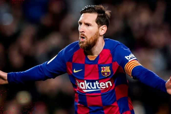 Selebrasi megabintang Barcelona, Lionel Messi, dalam laga Liga Spanyol kontra Real Sociedad di Camp Nou, Sabtu (7/3/2020).