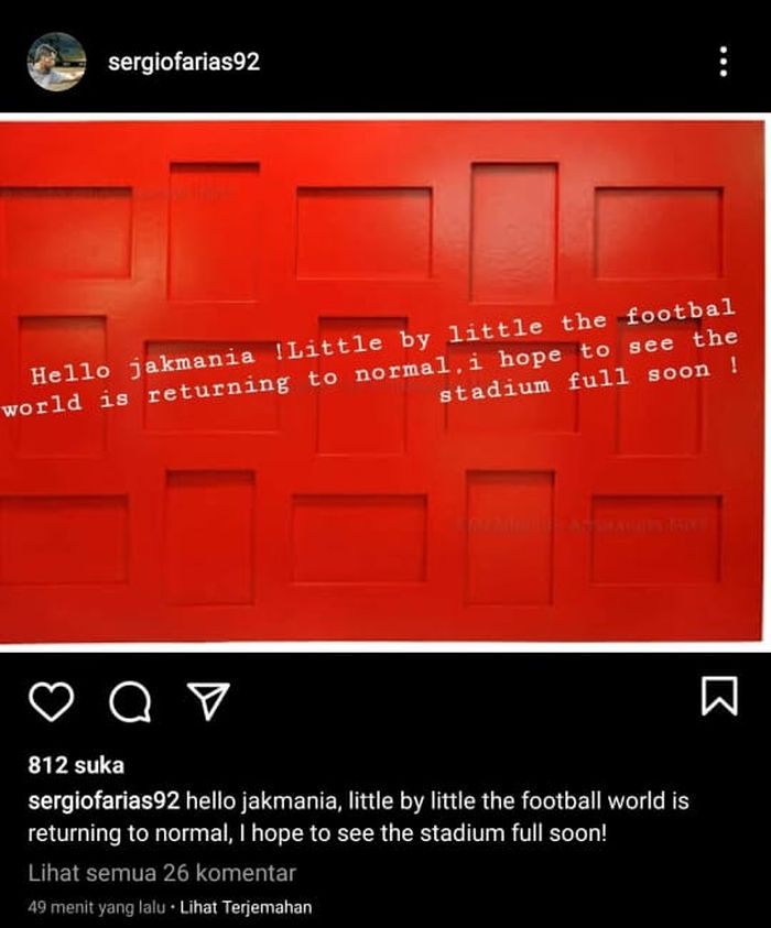 Mantan pelatih Persija Jakarta, Sergio Farias, mengungkapkan harapannya ke The Jak Mania lewat Instagram-nya, 15 Desember 2020