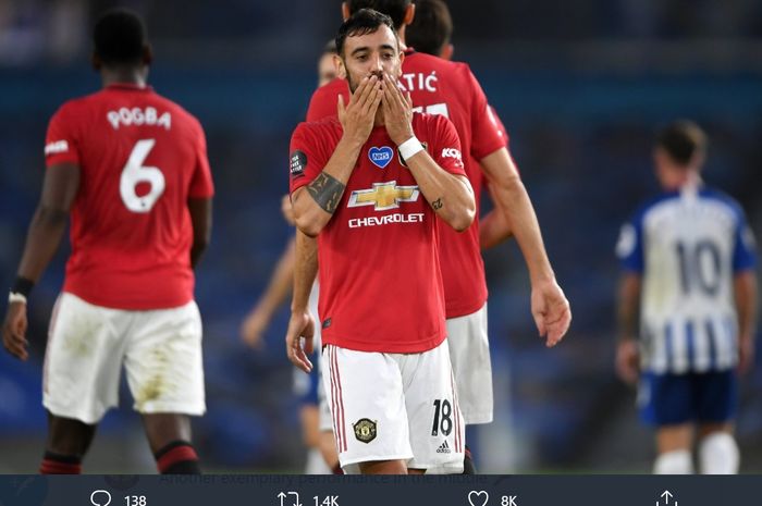 Bruno Fernandes mencetak dua gol saat Manchester United mengalahkan Brighton &amp; Hove Albion 3-0 pada pekan ke-32 Liga Inggris, Selasa (30/6/2020).