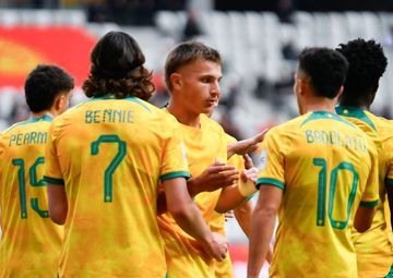 Pemain timnas U-20 Australia melakukan selebrasi setelah mencetak gol ke gawang timnas U-20 Kirgistan, Rabu (12/2/2025).