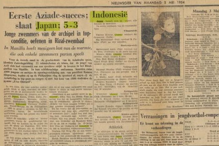 Harian pagi terbitan Jakarta, De Nieuwsgier, memberitakan kemenangan telak timnas Indonesia atas Jepang pada ajang Asian Games 1954.