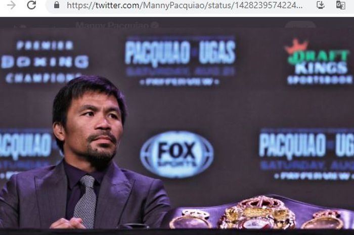 Manny Pacquiao saat menghadiri konferensi pers menjelang laga melawan Yordenis Ugas pada Rabu (18/8/2021).