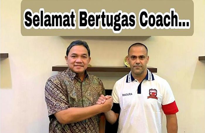 Presiden Madura United, Achsanul Qosasi dan pelatih asal Brasil, Fabio Lefundes.