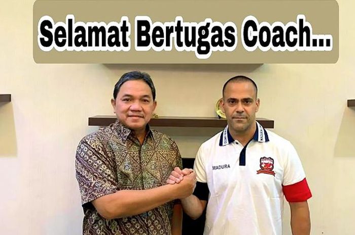 Presiden Madura United, Achsanul Qosasi dan pelatih asal Brasil, Fabio Lefundes.