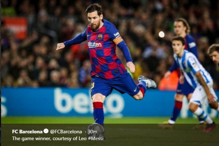 Aksi megabintang Barcelona, Lionel Messi, dalam laga kontra Real Sociedad di Camp Nou, Sabtu (7/3/2020).