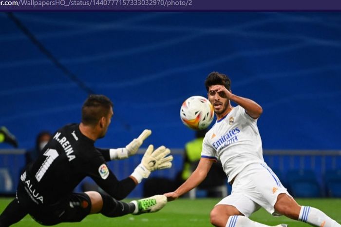 Pemain Real Madrid, Marco Asensio, mencetak gol ke gawang Real Mallorca di Stadion Santiago Bernabeu dalam laga pekan keenam Liga Spanyol 2021-2022 pada Rabu (22/9/2021) waktu setempat atau Kamis pukul 03.00 WIB. 