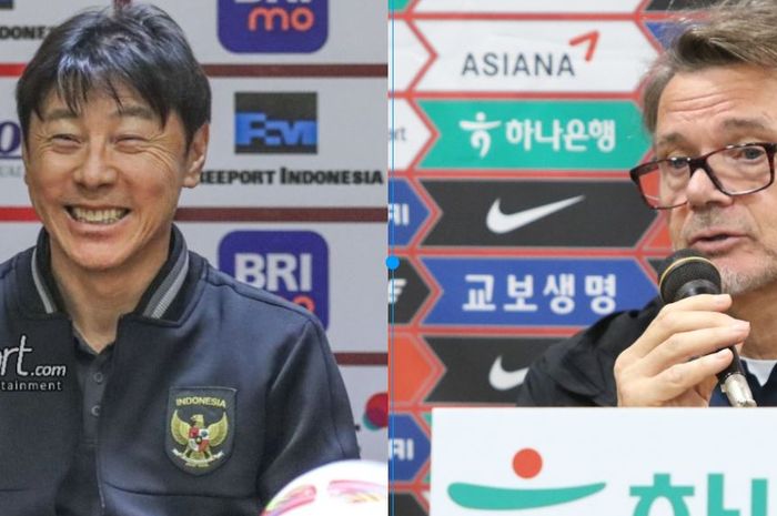 Pelatih Timnas Indonesia, Shin Tae-yong (kiri) dan pelatih timnas Vietnam, Philippe Troussier (kanan).