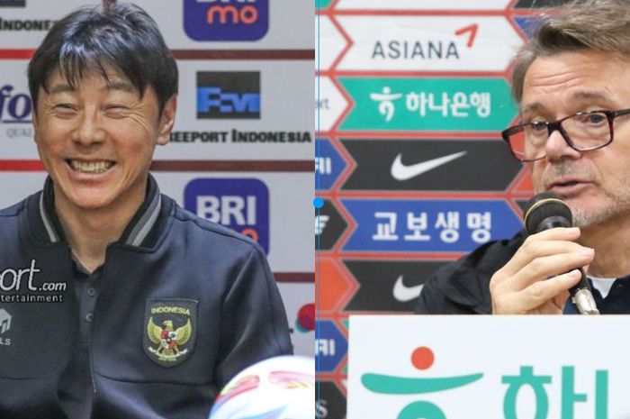 Pelatih Timnas Indonesia, Shin Tae-yong (kiri) dan pelatih timnas Vietnam, Philippe Troussier (kanan).