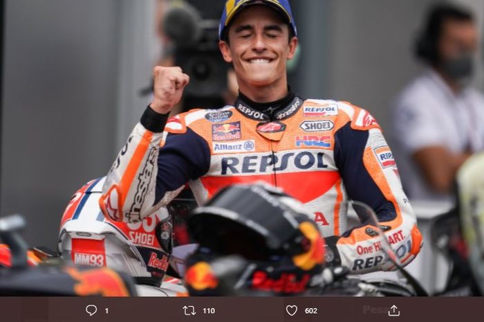 Pembalap Repsol Honda, Marc Marquez, ketika merayakan kemenangan MotoGP Jerman di Sachsenring, Minggu (20/6/2021).