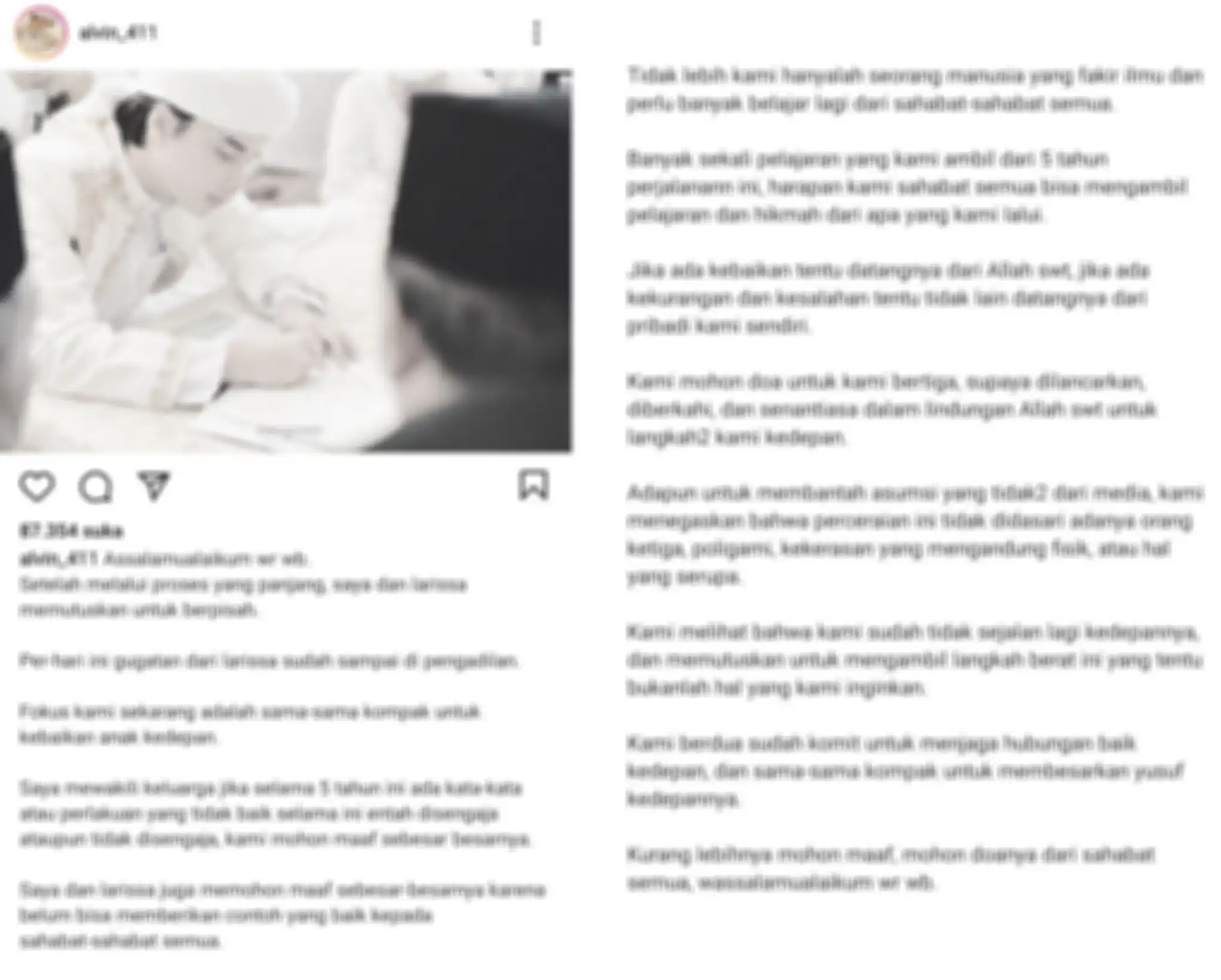 Postingan Instagram klarifikasi perceraian Alvin Faiz 