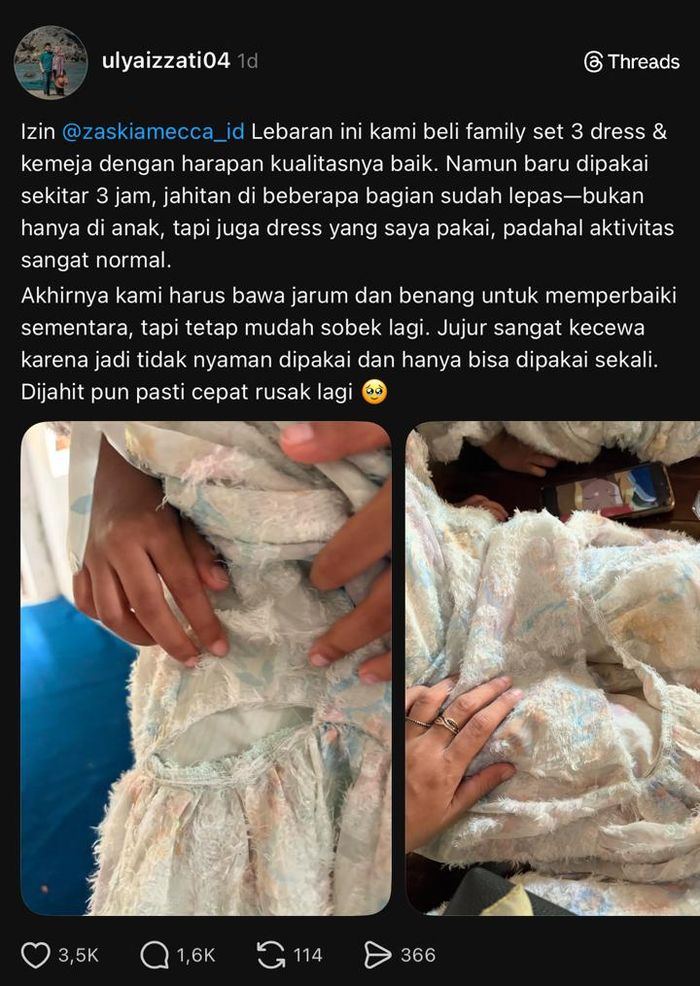 Seorang pengguna Threads membagikan pengalaman pribadinya terkait kualitas pakaian dari brand milik artis Zaskia Adya Mecca.