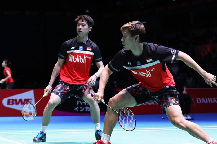 Marcus Fernaldi Gideon/Kevin Sanjaya Sukamuljo saat melakoni babak kesatu pada Japan Open 2019, di Musashino Forest Plaza, Tokyo, Rabu (24/7/2019).