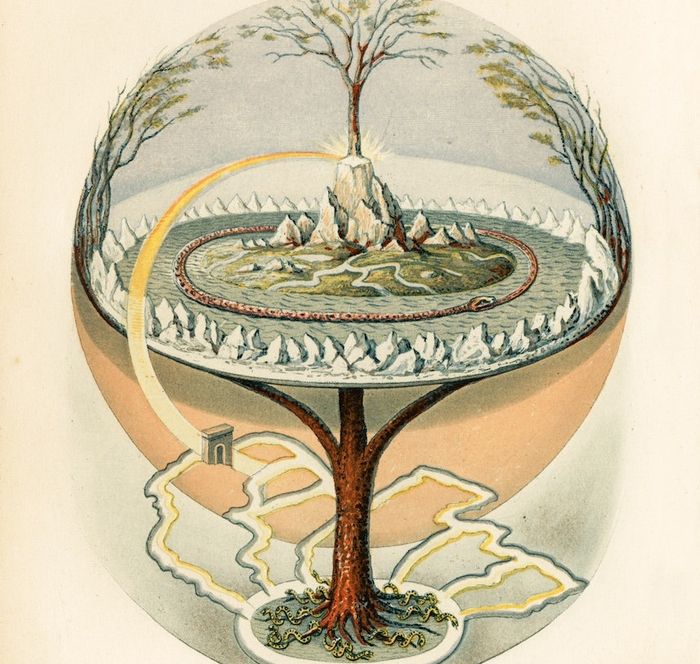 Lukisan ilustrasi Yggdrasil yang menopang sembilan dunia yang diyakini dalam mitologi Nordik. Akar pohon ini berada di Niflheim.