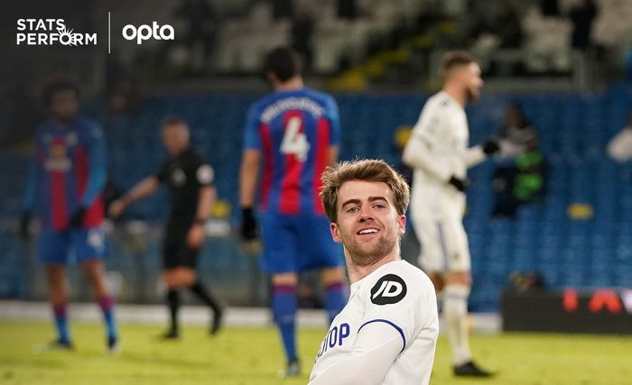 Pilar Leeds United, Patrick Bamford, merayakan gol ke gawang Crystal Palace dalam laga Liga Inggris, Selasa (9/2/2021) pukul 03.00 WIB di Ellan Road.