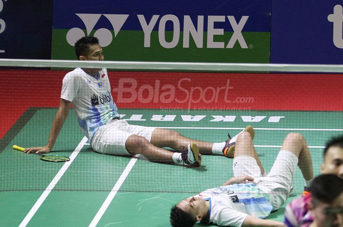 Pebulutangkis ganda putra Indonesia Fajar Alfian/Muhammad Rian Ardianto saat melawan pebulutangkis ganda putra asal China Huang Kai Xiang/Liu Cheng dalam turnamen bulutangkis Indonesia Open 2019 di Senayan, Jakarta, Selasa (17/7/2019) Fajar Alfian, Indonesia Muhammad Rian Ardianto berhasil maju keba