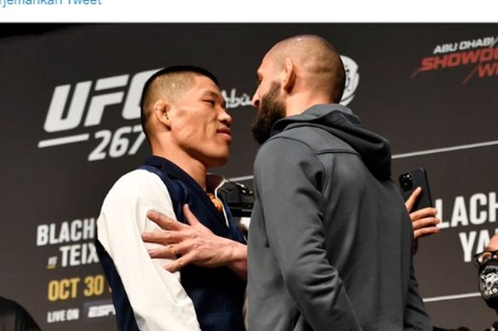 Jagoan berjulukan Si Lintah, Li Jingliang, dan Khamzat Chimaev saat jalani sesi staredown jelang UFC 267 silam.