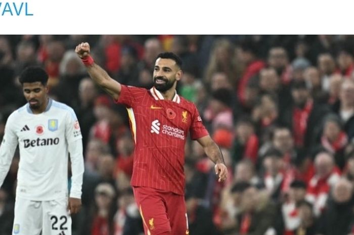 Winger Liverpool, Mohamed Salah, merayakan gol ke gawang Aston Villa pada laga pekan ke-11 Liga Inggris di Stadion Anfiel, Sabtu (9/11/2024).