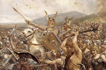 Ilustrasi karya Otto Albert Koch yang menggambarkan tentara suku-suku Jermanik mengejar tentara Romawi di pertempuran hutan Teuroburg.