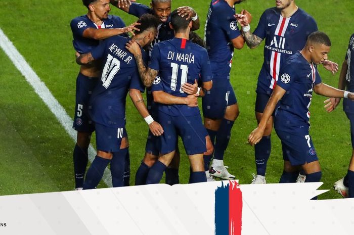 Selebarasi pemain Paris Saint-Germain usai menang atas RB Leipzig laga semifinal Liga Champions di Estadio da Luz, Portugal, Selasa (18/8/2020) atau Rabu dini hari WIB. 