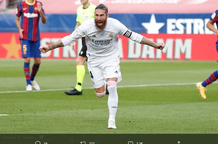 Ekspresi kapten Real Madrid, Sergio Ramos, usai membobol gawang Barcelona dalam laga Liga Spanyol bertajuk El Clasico, Sabtu (24/10/2020).