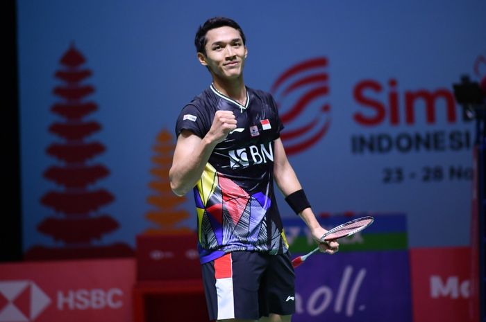 Pebulu tangkis tunggal putra Indonesia, Jonatan Christie, pada babak kedua Indonesia Open 2021 di Bali International Convention Centre, Nusa Dua, Kamis (25/11/2021).