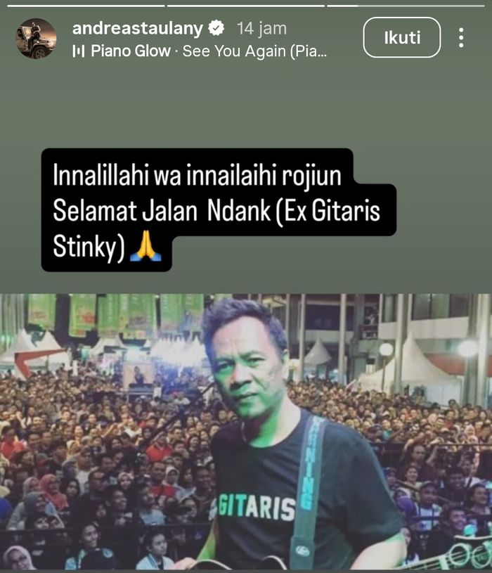 Mantan gitaris Stinky, Ndhank Surahman meninggal dunia, Andre Taulany tulis pesan pilu ini ke sang sahabat.