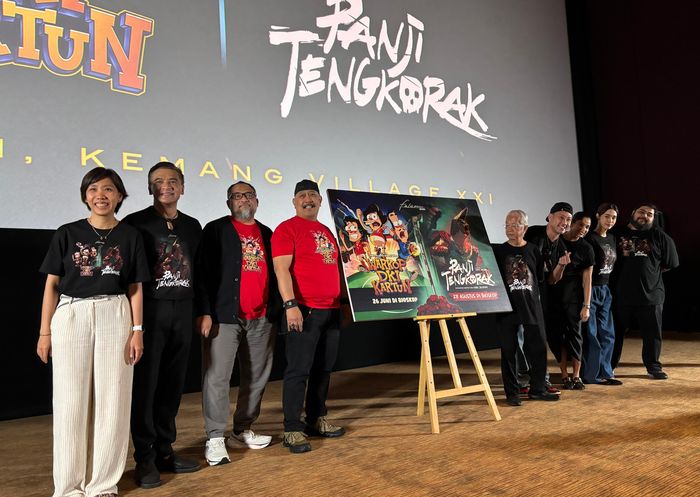  Jumpa pers poster Warkop DKI animasi di kawasan Kemang, Jakarta Selatan, Senin (2/6/2025).