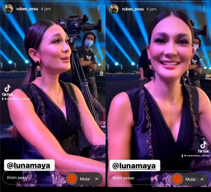 Luna Maya kepergok ikut bernyanyi ketika melihat Ariel NOAH di atas panggung.