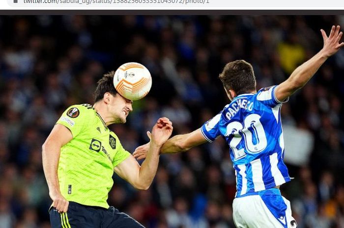 Aksi Harry Maguire dalam laga melawan Man United vs Real Sociedad di Liga Europa