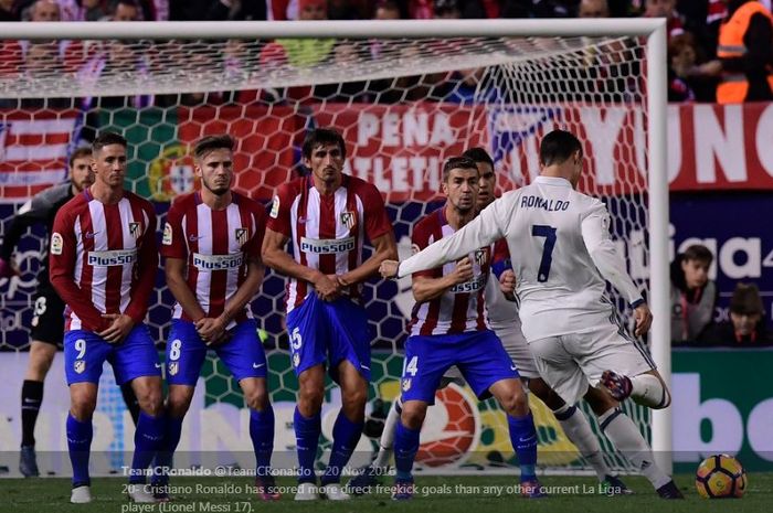 Cristiano Ronaldo saat mengambil tendangan bebas dalam duel Real Madrid versus Atletico Madrid.